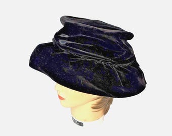 Vintage 1950's Jo Davis Black Velvet Bucket Hat Bow 21" EUC