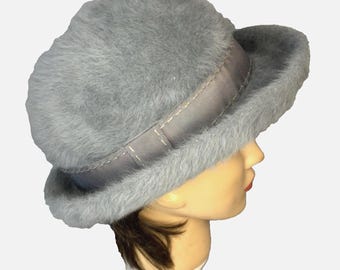 Vintage 1970's Women's Kagol England Furgora Angora Slate Blue Bucket Hat EUC