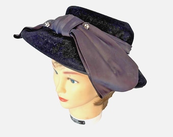 Vintage 1950's Charles of California Black Felt Brimmed Hat Bow Pin EUC