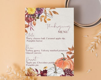 Menu na Święto Dziękczynienia Premium, Wysoka Jakość, Eleganckie i Edytowalne. Menu na Obiad na Święto Dziękczynienia, Szablon Menu na Święto Dziękczynienia edytowalny za pomocą Canva