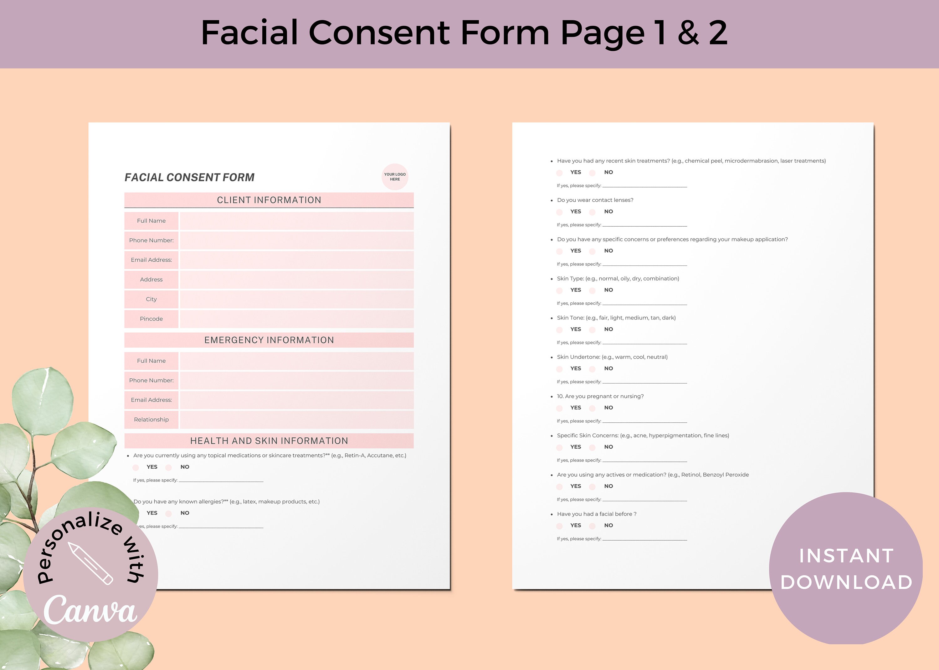 Facial Consent Form for New Client Intake Form for Facial Esthetician ...