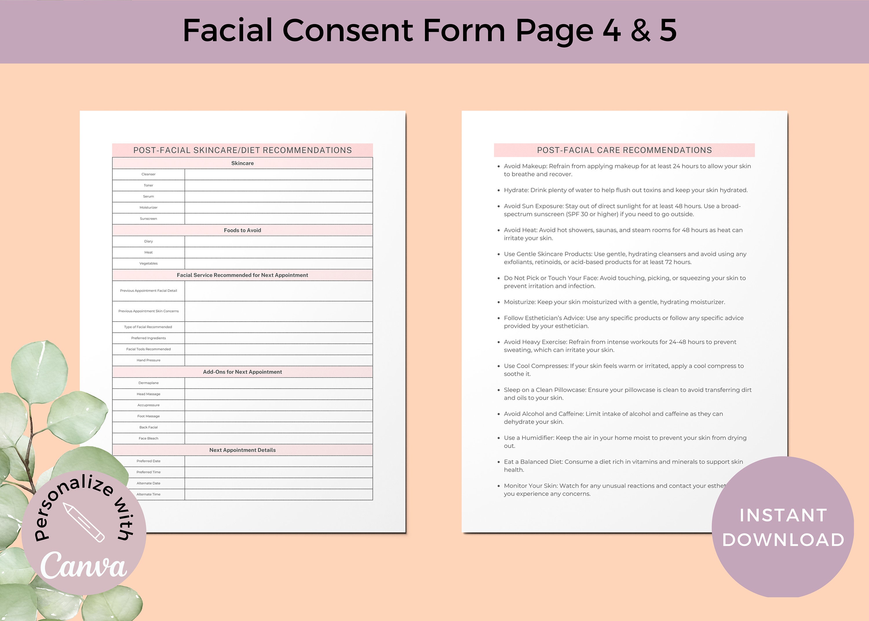 Facial Consent Form for New Client Intake Form for Facial Esthetician ...