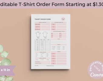 May include: Printable T-shirt order form template with pink accents. The form includes sections for order information, customer information, custom measurements, details, payment method, delivery method, and amount. The form is 8.5 inches by 11 inches.