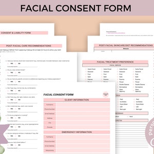 Op de afbeelding: Een roze en wit printbaar gezichtsconsensformulier met secties voor klantgegevens, noodcontact, aanbevelingen voor nazorg na de gezichtsbehandeling en voorkeuren voor gezichtsbehandelingen. Het formulier is ontworpen om te worden aangepast met Canva.