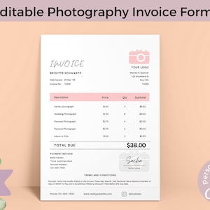 Fotografie Rechnungsvorlage für kleine Unternehmensfotografen Rechnungsvorlage Bearbeitbare allgemeine Rechnungsvorlage Druckbare Rechnungsvorlage