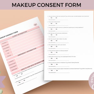 Puede incluir: Un formulario de consentimiento para maquillaje imprimible con secciones para la información del cliente, el contacto de emergencia y la información sobre la salud y la piel. El formulario incluye preguntas sobre alergias, tipo de piel y cualquier medicamento o tratamiento que el cliente esté usando actualmente.