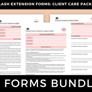 Puede incluir: Tres formularios rosas y negros para extensiones de pestañas. Los formularios incluyen un formulario de consentimiento para la prueba de parche, un formulario de consentimiento y responsabilidad del cliente para las extensiones de pestañas y un formulario de consulta para las extensiones de pestañas. Los formularios tienen espacio para la información del cliente, la información de salud y el consentimiento para el tratamiento.