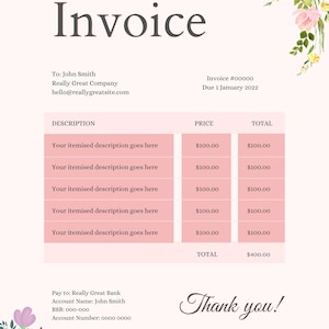 Floral Invoice Template Printable Invoice Custom Order Etsy Floral Invoice Template Printable Invoice Custom Order Etsy