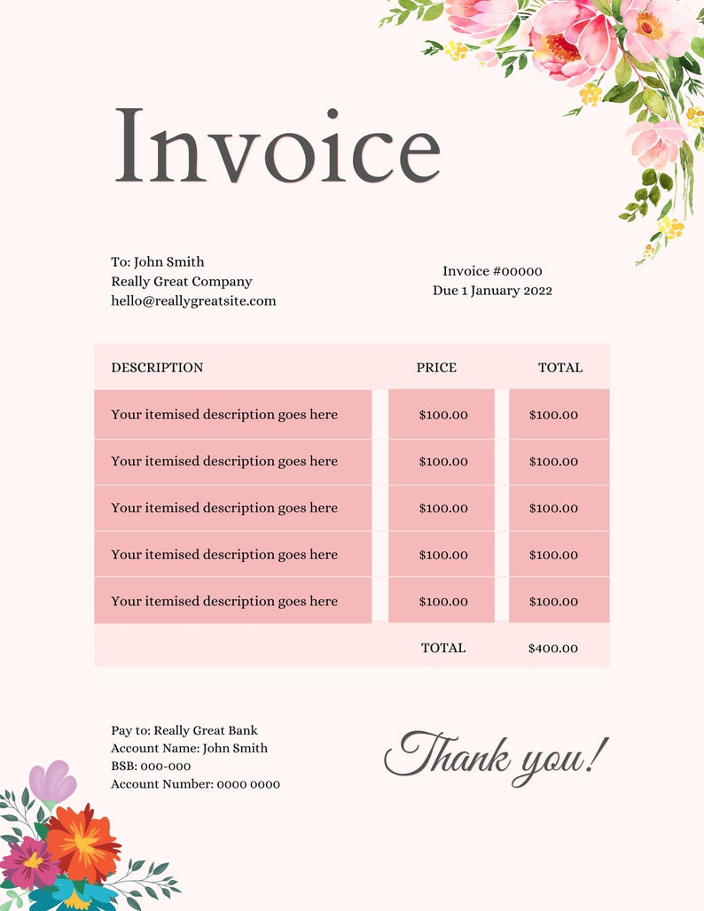 Floral Invoice Template Printable Invoice Custom Order Etsy Floral Invoice Template Printable Invoice Custom Order Etsy