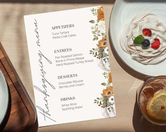 Menu na Święto Dziękczynienia Premium, Wysoka Jakość, Eleganckie i Edytowalne. Menu na Obiad na Święto Dziękczynienia, Szablon Menu na Święto Dziękczynienia edytowalny za pomocą Canva