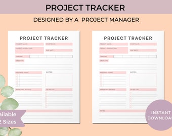 Pode incluir: Duas páginas imprimíveis de rastreamento de projetos com acentos rosa. As páginas incluem seções para o nome do projeto, a descrição, a linha do tempo, o objetivo, as reuniões de hoje, as notas, os detalhes importantes e a lista de tarefas.