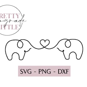 May include: Line art design of two elephants with their trunks intertwined in the shape of a heart. The text "Pretty Upgrade Little" is in a circle above the elephants.