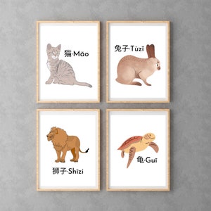 Animals Learn Mandarin Chinese Nursery Wall Art Homeschool Baby Kids