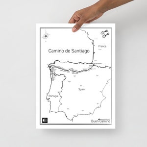 Camino de Santiago Karte Kunst 12 x 16 | Der Camino Frances & Camino Portugiesich | Poster, Wanderkarte, Wandkunst | Santiago de Compostela