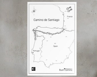 Camino de Santiago Map Art 24 x 36 | The Camino Frances & Camino Portuguese | Poster, Hiking Trail Map, Wall Art | Santiago de Compostela