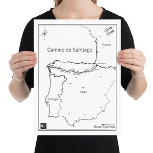 Camino de Santiago Karte Kunst 12 x 16 | Der Camino Frances | Poster, Wanderkarte, Wandkunst | Santiago de Compostela