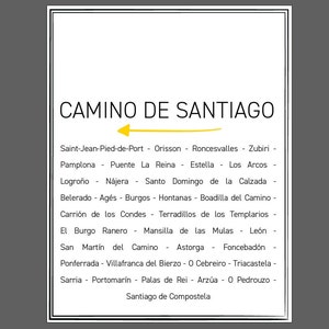 Cartel del Camino de Santiago / Flecha y Nombres de Ciudades a lo largo del Formato de Bloque del Camino / Camino Francés / Arte de la Pared del Camino