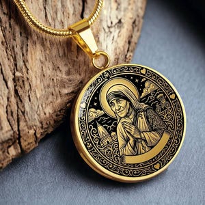 Saint Mother Teresa Pendant Necklace, Stainless Steel 18k Gold Finish, Religious Jewelry