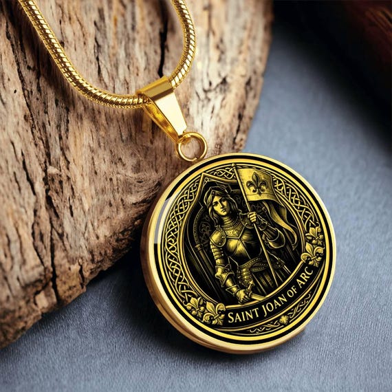 Saint Joan of Arc Pendant Necklace, 18k Gold Finish, Christian Soldier Jewelry