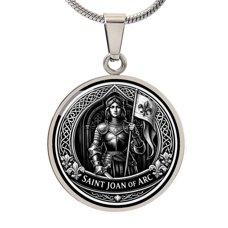 Saint Joan of Arc Pendant Necklace, 18k Gold Finish, Christian Soldier Jewelry Stainless Steel