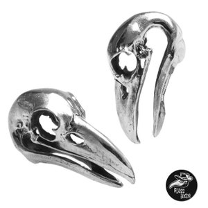 PAIR Bird skull ear hangers - ear weights, ornate gauge hangers black or silver