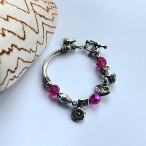 Sterling Silver Charm Bracelet + Fuchsia Swarovski Crystals + Handmade Silver Charm Bracelet + Sterling Silver Charms + Designer Jewellery