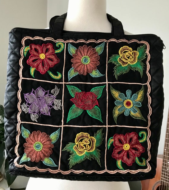 Vintage Floral Embroidered Quilted Satin Tote Bag