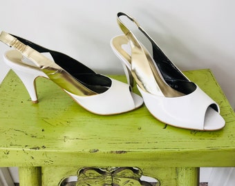 Vintage Peep Toe Sling Back Shoes + White and Gold Shoes + Vintage White and Gold Shoes + Vintage Shoes + Peep Toe Vintage Shoes