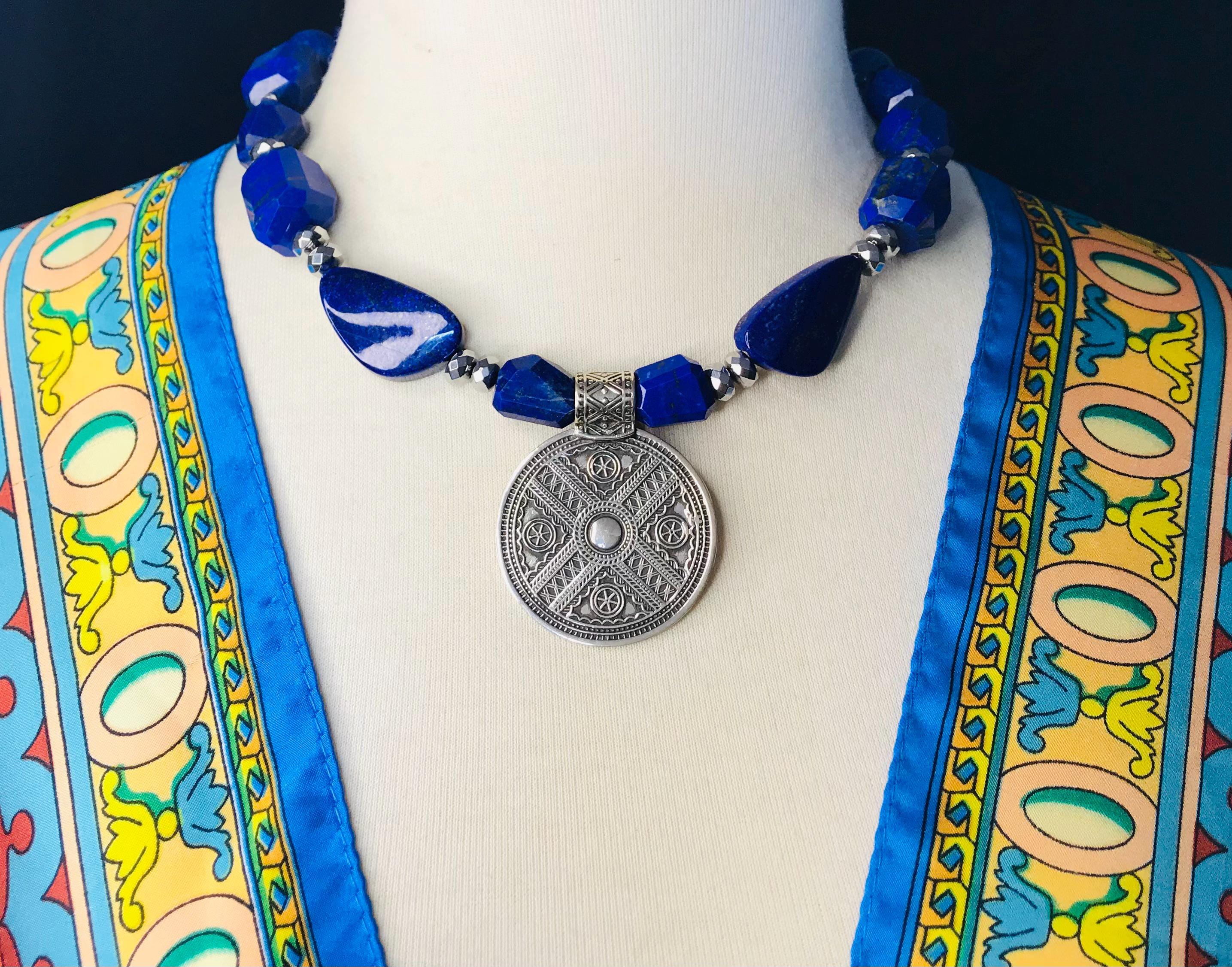 Vintage Egyptian Pendant Necklace + Afghanistan Lapis Lazuli Necklace + Lapis Lazuli Silver Pyrite Necklace + Egyptian Pendant Jewellery