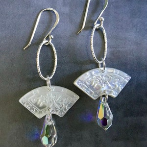 Carved Mother of Pearl Shell Earrings + Hand Carved Mother of Pearl Fan and Crystal Earrings + MOP Fan Shell and Crystal Drop Earrings