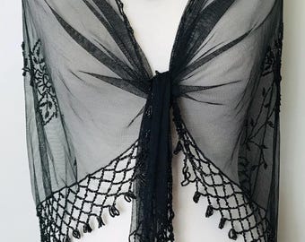 Vintage Black Beaded Shawl + Black Beaded Mesh Triangle Shawl  + Vintage Ladies Beaded Shawl + Vintage Fashion + Vintage Bead Fringe Shawl