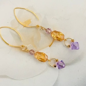 Gold Scarab Crystal Earrings + Designer Crystal Scarab Earrings + Unique Amethyst and Gold Scarab Earrings + Designer Handmade Jewellery
