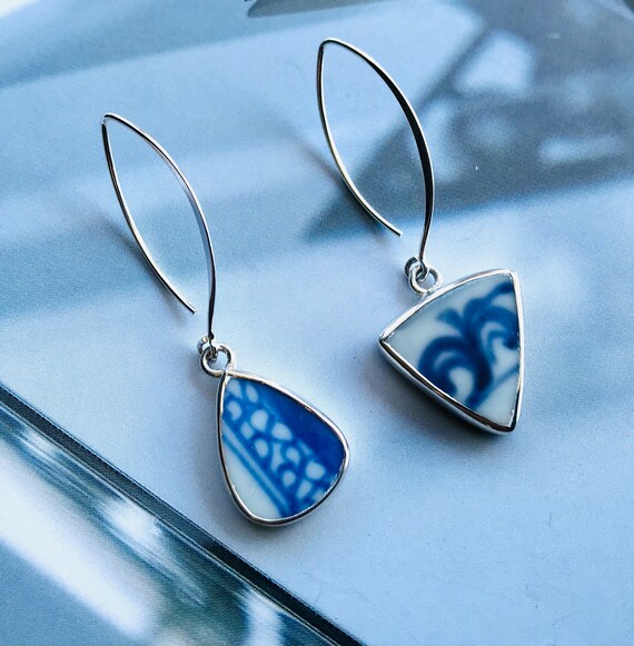 Asymmetrical Antique Chinese Pottery Shard Earrings +… Gem