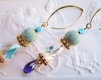 Turquoise Pave Crystal Drop Earrings: Tanzanite Pendant, Gold Vermeil