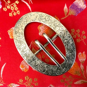 Antique Art Noveau Oval Belt Buckle + Sterling Silver Floral Engraved Buckle + Double Prong Sash Belt Buckle + Antique Engraved 925 Buckle