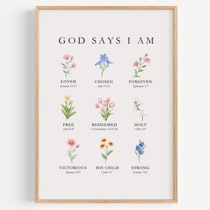 God Says I Am Wall Art Print, Christian Floral Affirmation Poster, Framed Bible Verse Decor for Girls Bedroom, Nursery, Dorm Room
