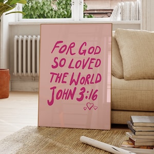 John 3:16 Valentines Print Christian Wall Art Trendy Pink Art Preppy Typography Poster Girly Printable Wall Art Festive Hearts