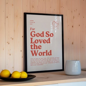 Retro John 3:16 Wall Art do kuchni w mieszkaniu Dekoracja ścienna na chrześcijański prezent na parapetówkę Cyfrowe pobieranie Biblijnego wersetu Plakat do druku Sztuka