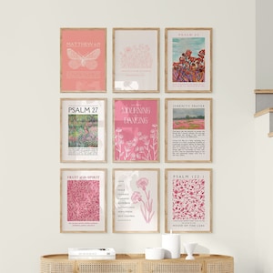 Christian Wall Art Bundle in Pink (Set of 9) Gallery Wall Set Colorful Vintage Prints Printable Wall Art Bible Verse Wall Art Christian Gift