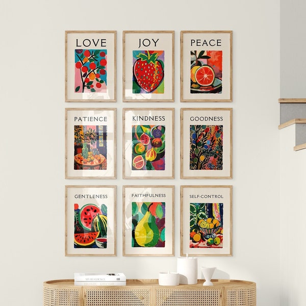 Fruit of the Spirit, Matisse Print Set of 9, Gallery Wall Set Colorful, 9 Piece Art, Vintage Wall Art, Aesthetic Room Decor, Digital Print