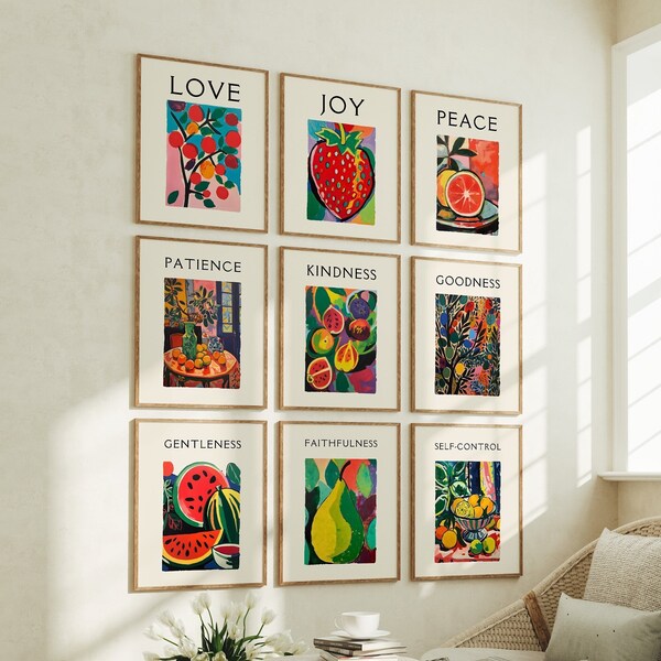 Gallery Wall Set Fruit of the Spirit Bible Art Colorful Home Decor for Kitchen Printable Wall Art Modern Art Impressionist Matisse Set of 9