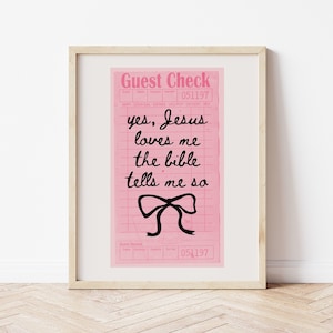 Jesus Loves Me, Guest Check Coquette Room Decor Aesthetic Art, Christian Wall Art, Cute Trendy Poster Girly Printable Art Pink Bow Wall Art