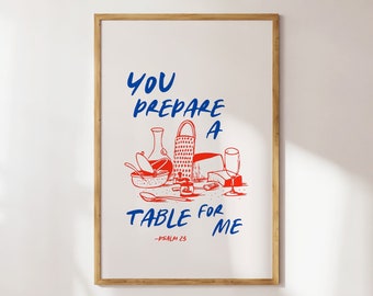 Psalm 23 Kitchen Print: Retro Red and Blue Christian Wall Art (Digital Download)