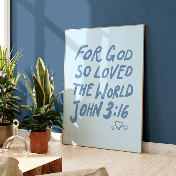 John 3:16 Baby Blue Wall Art Print Christian Wall Art Trendy Art Preppy Typography Poster Girly Printable Wall Art Festive Hearts