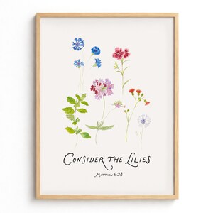 Tänk på liljorna för kristen väggkonst för trendig lägenhetsinflyttningspresent till bibelvers botanisk poster (digital nedladdning)