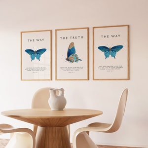 Christian Butterfly Set of 3, Bible Verse Wall Art, 3 Piece Wall Art, Vintage Wall Art, Minimalist Home Decor, The Way, The Truth, The Life