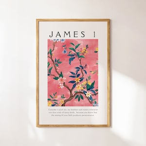 James 1 Tropical Flower Market Print Modern Christian Wall Art Cute Trendy Poster Girly Printable Art Pink Floral Pattern Wall Decor Preppy