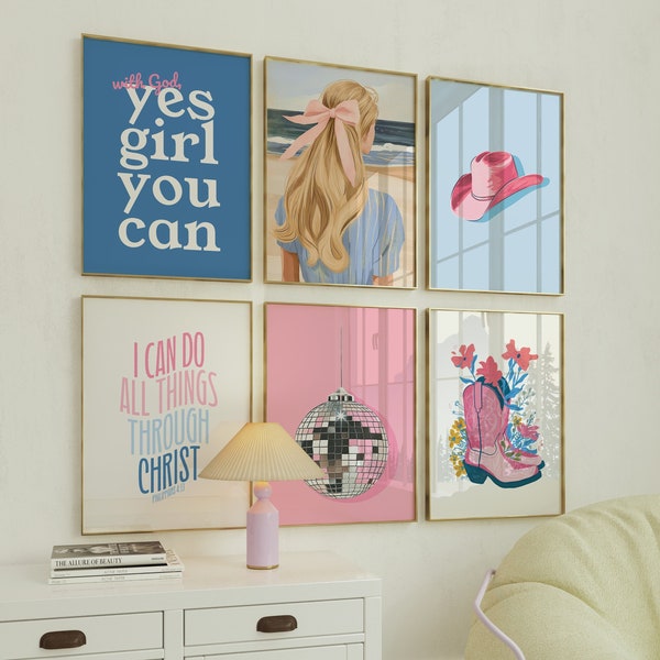 Christian Girl Gallery Set of 6 Coastal Cowgirl Coquette Room Decor Bible Verse Wall Art Digital Print Pink Preppy Trendy Gift Posters