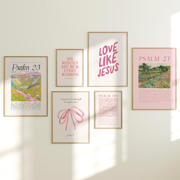 Arte mural cristiano en rosa, pósteres imprimibles con versículos bíblicos, pósteres preppy, decoración moderna para apartamentos, láminas cristianas