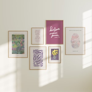 Christian Wall Art Set of 6, Summer Wall Art, Bible Verse Wall Decor, Purple Room Decor, Printable Art, Trendy Apartment Decor